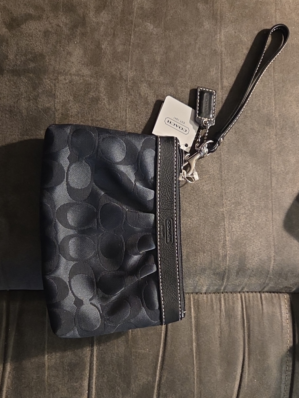Coach Black Signature Wristlet with Leather Trim